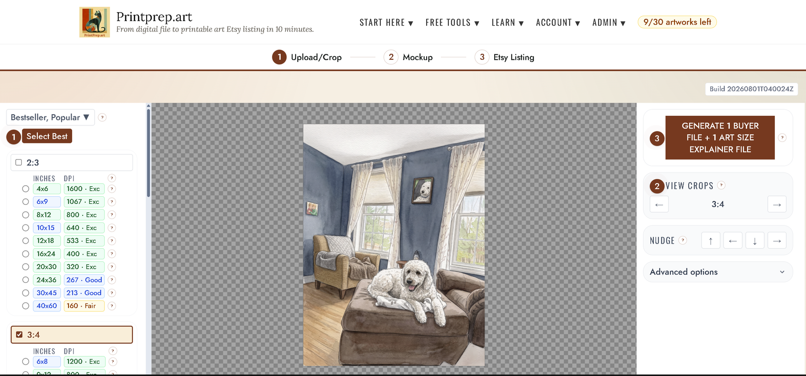 Printprep.art guided workflow from crop to mockup to Etsy listing